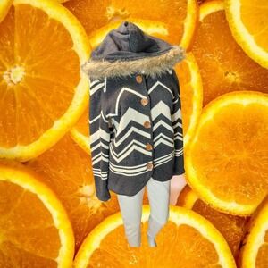 Roxy Womens Gray Chevron Sherpa Lined Hooded Cardigan Faux Fur Trim Size M